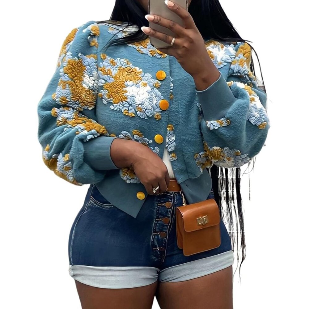 〽️Women's Blue Flygo Cropped Floral Print Bomber Warm Fleece Varsity Jacket